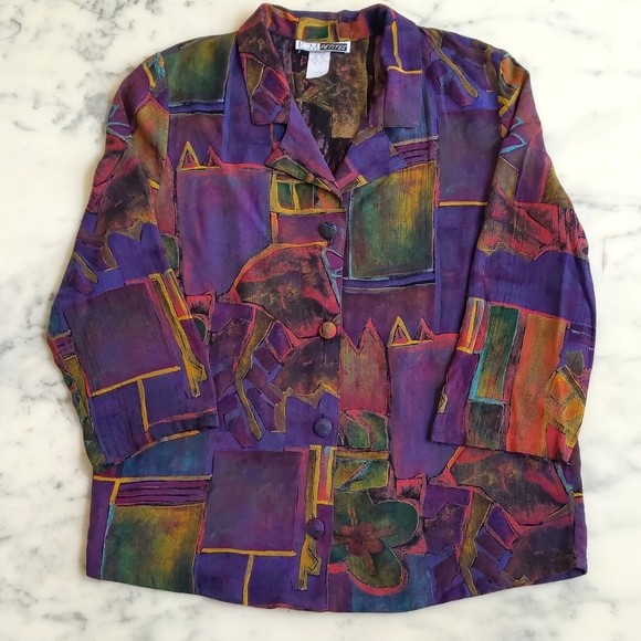 100% Rayon Multicolor Patterned Long Sleeve Button Down Loose Fit Shirt. - Picture 3 of 4